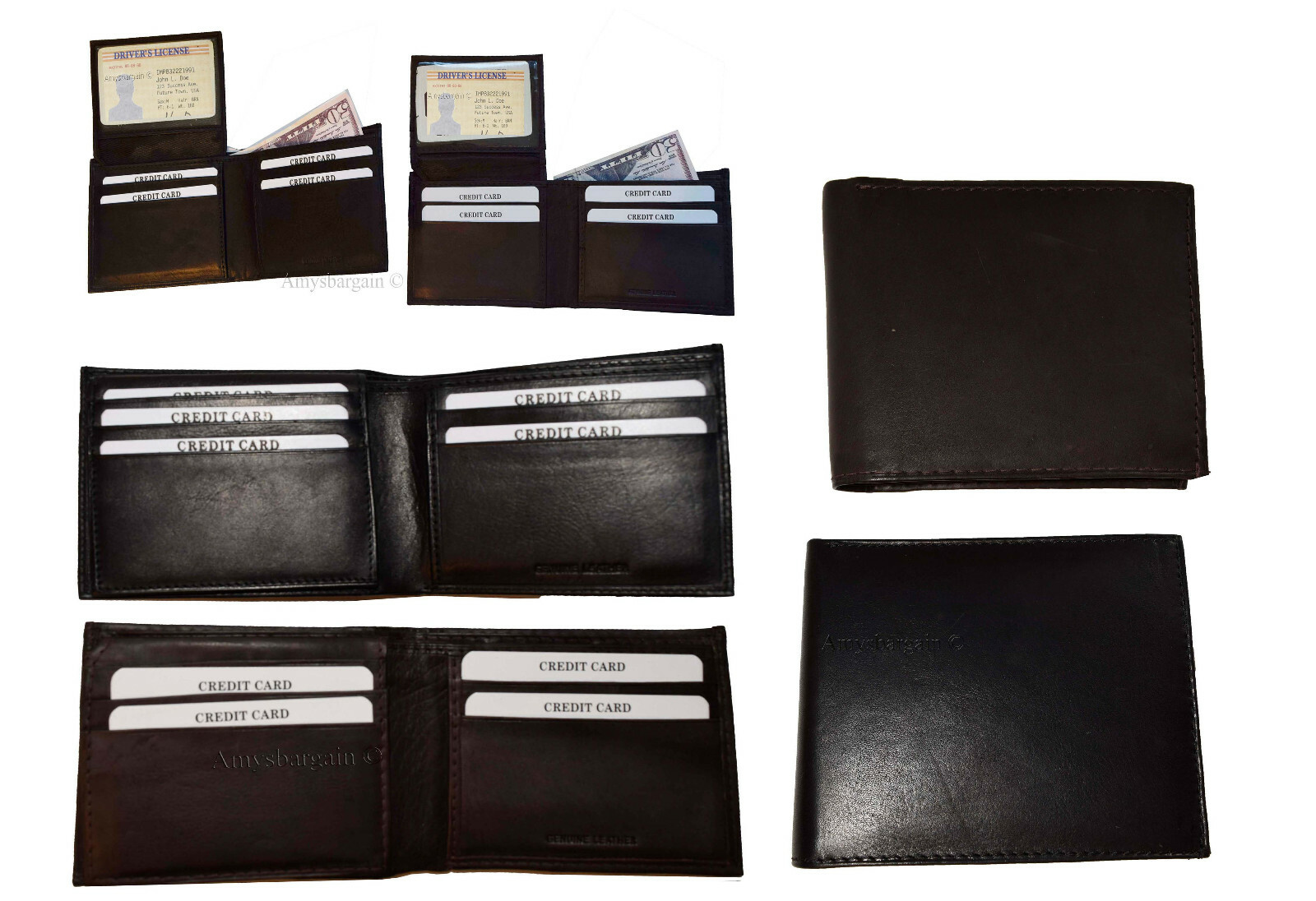 Lot of 6 Men's Bifold Calfskin leather wallet 2 Bill slots 7 card 1 ID Window BN