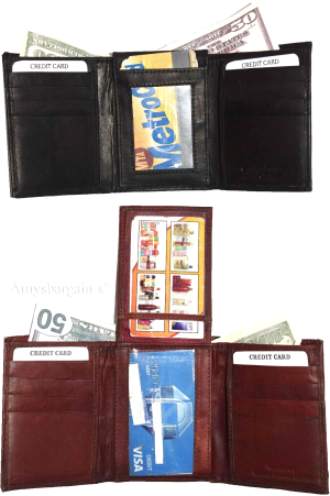 lot of 2 new men's trifold leather wallet, 3 id center piece men's billfold