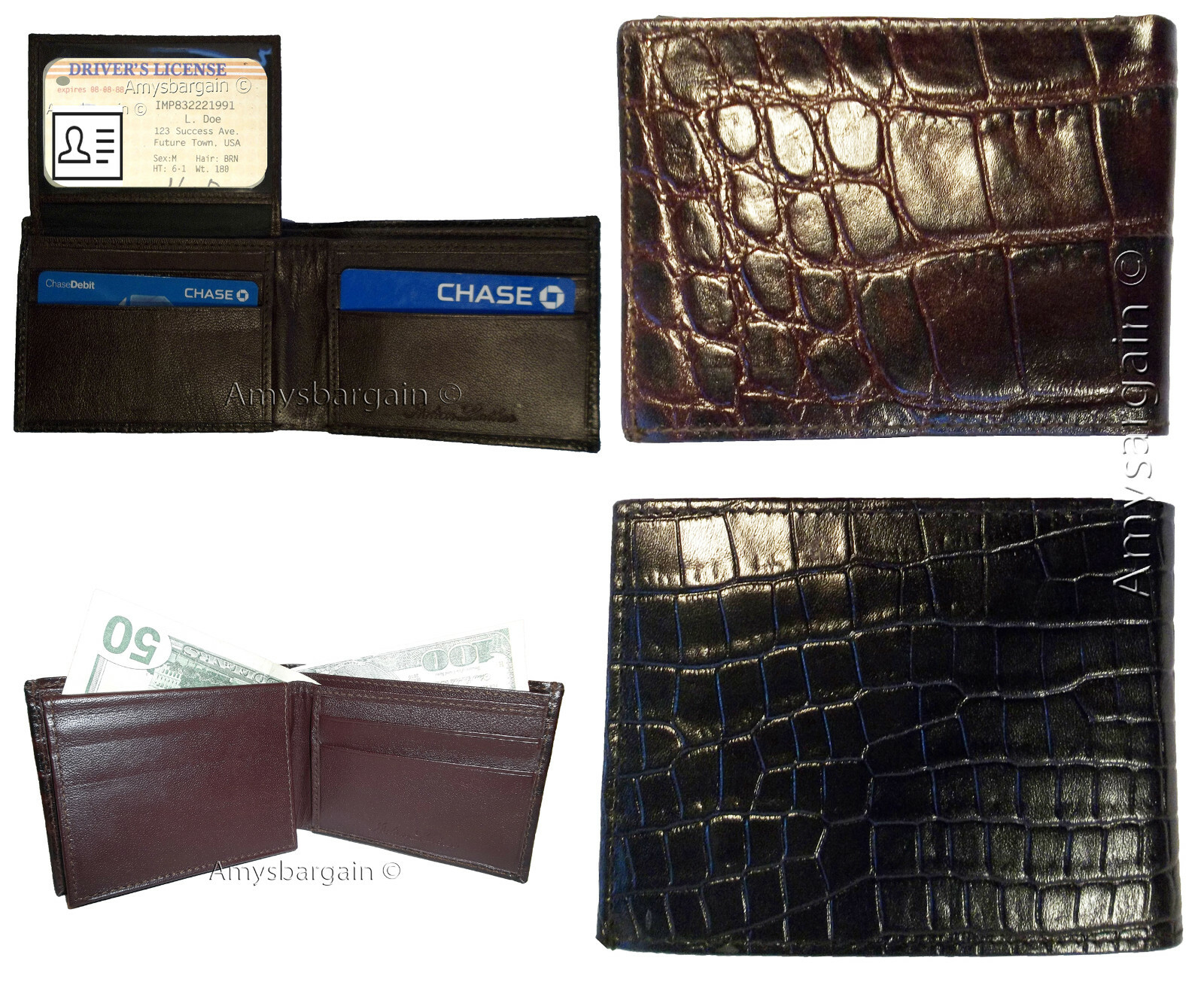 Lot of 2 New Crocodile Skin Printed Leather man's bi fold wallet 6 cards ID BNWT - Image 3