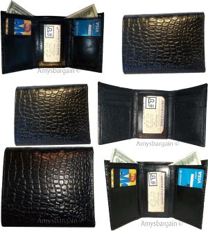 Lot of 6 Italian Style Crocodile Printed Leather Man's Black Trifold wallet BNWT