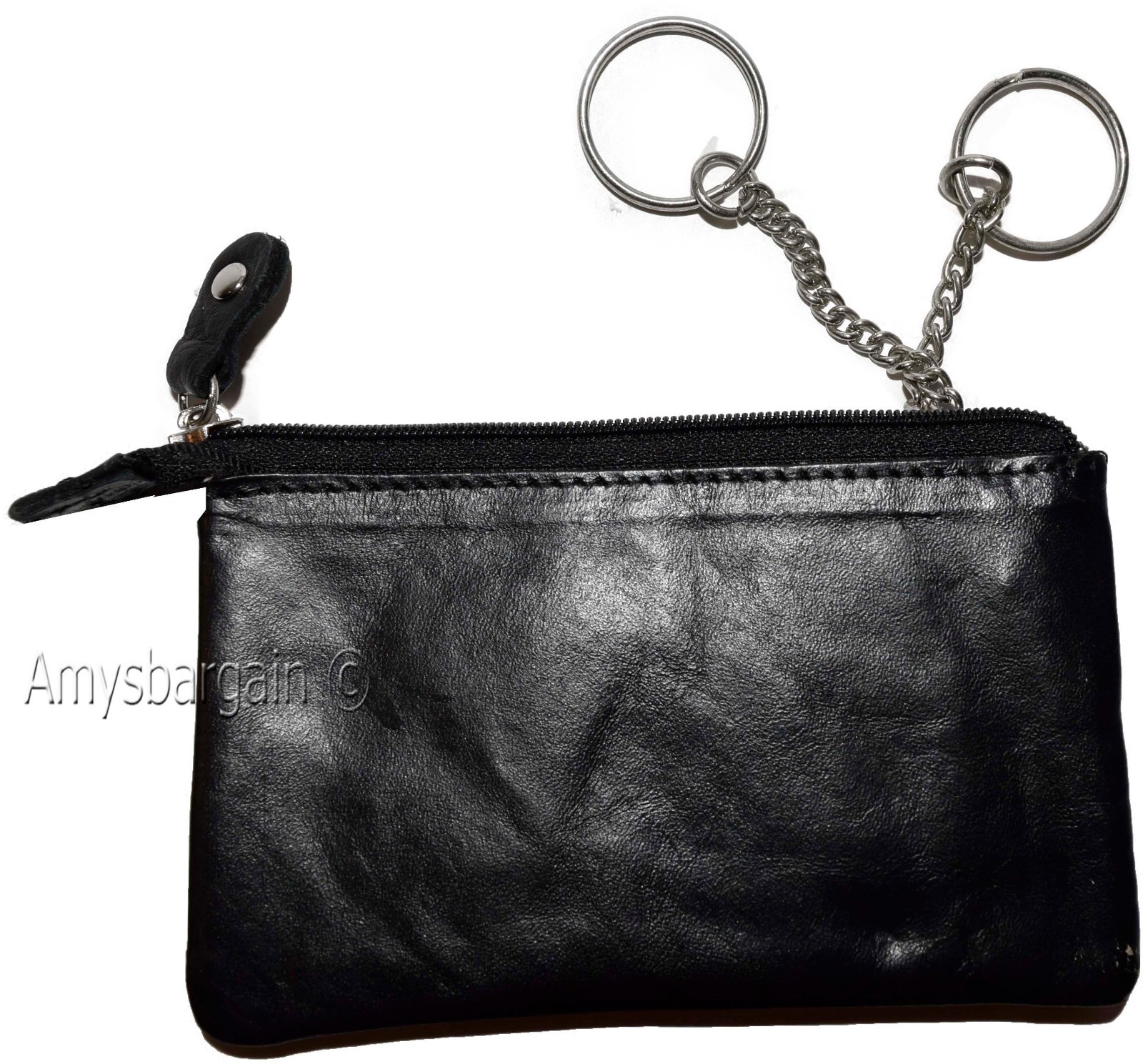 Women's black leather change purse ID window key ring wrist-let new coin case - Image 13