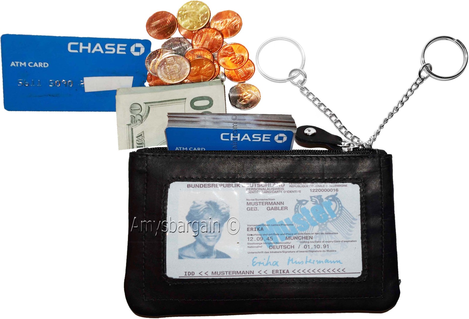 Women's black leather change purse ID window key ring wrist-let new coin case - Image 3