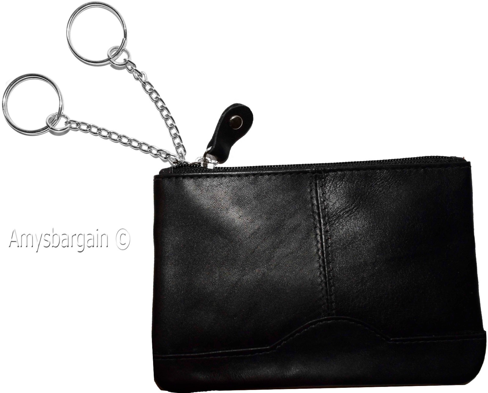 Women's black leather change purse ID window key ring wrist-let new coin case - Image 4