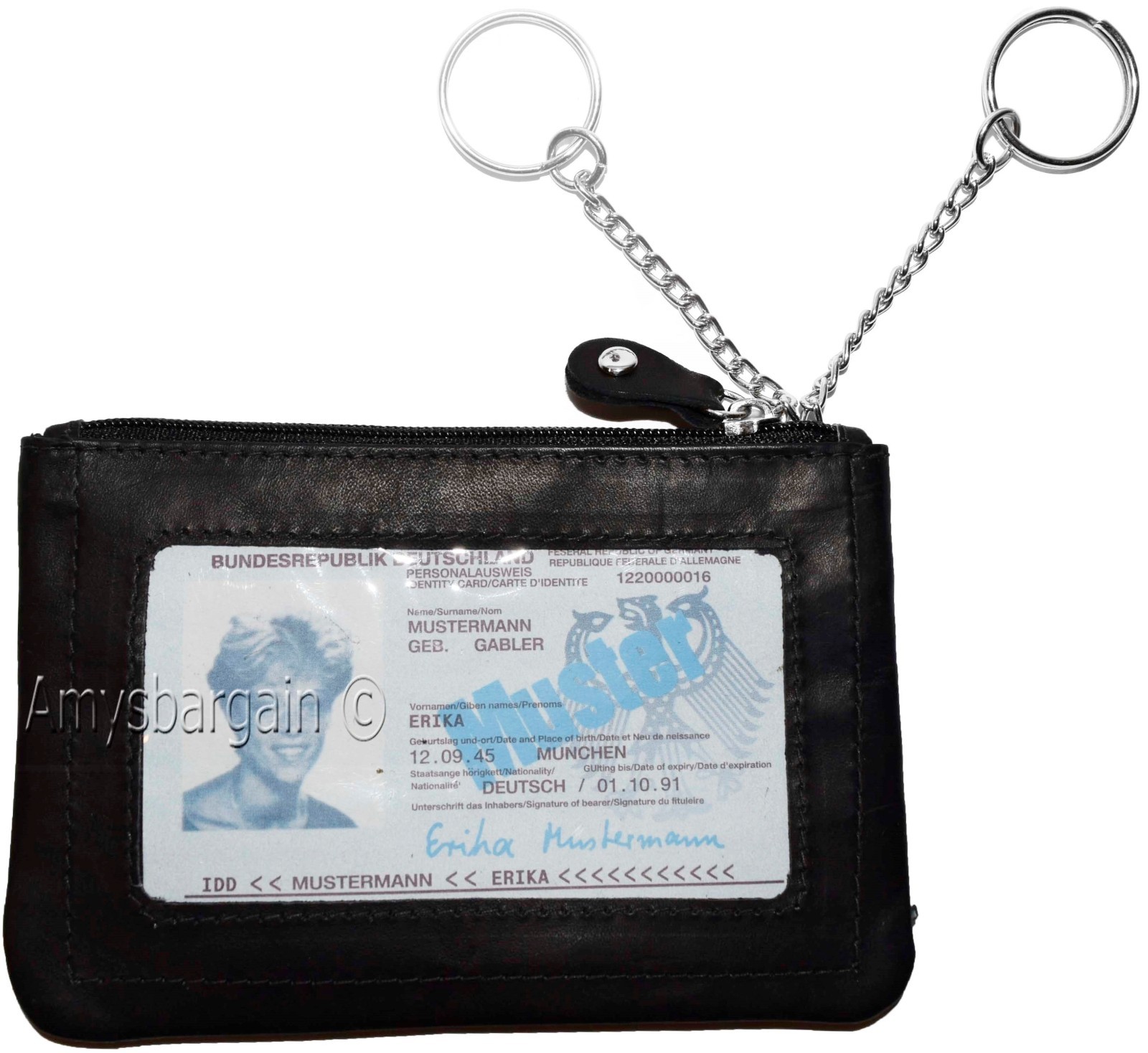 Women's black leather change purse ID window key ring wrist-let new coin case - Image 5