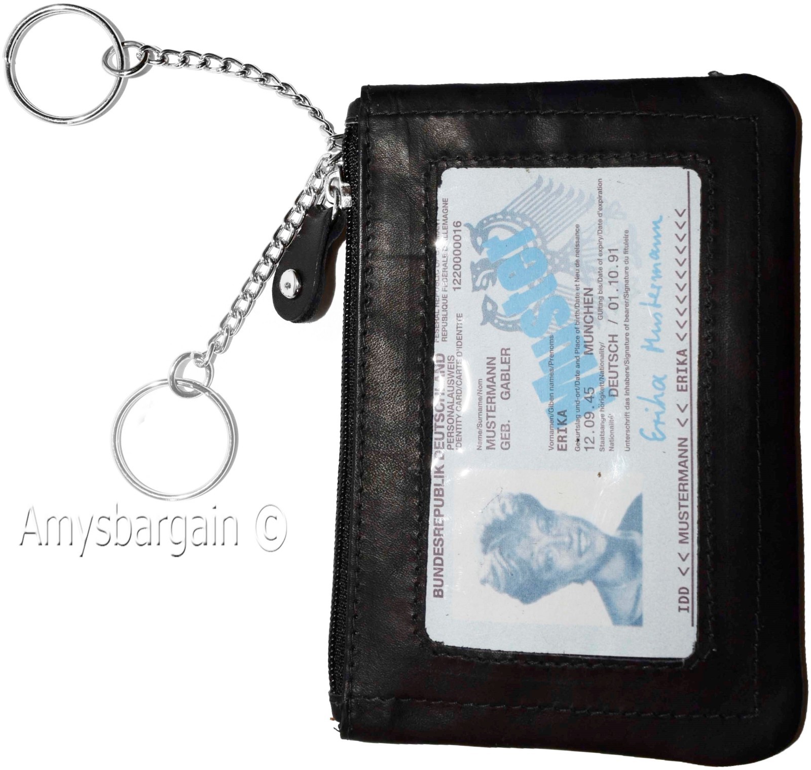 Women's black leather change purse ID window key ring wrist-let new coin case - Image 6