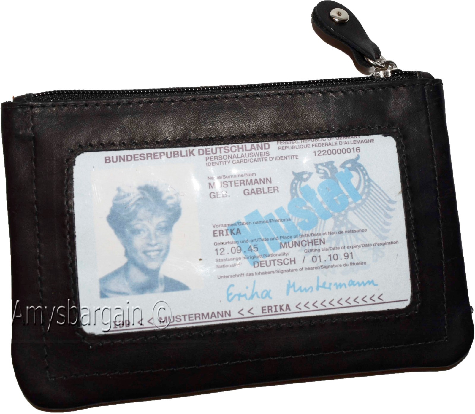 Women's black leather change purse ID window key ring wrist-let new coin case - Image 7