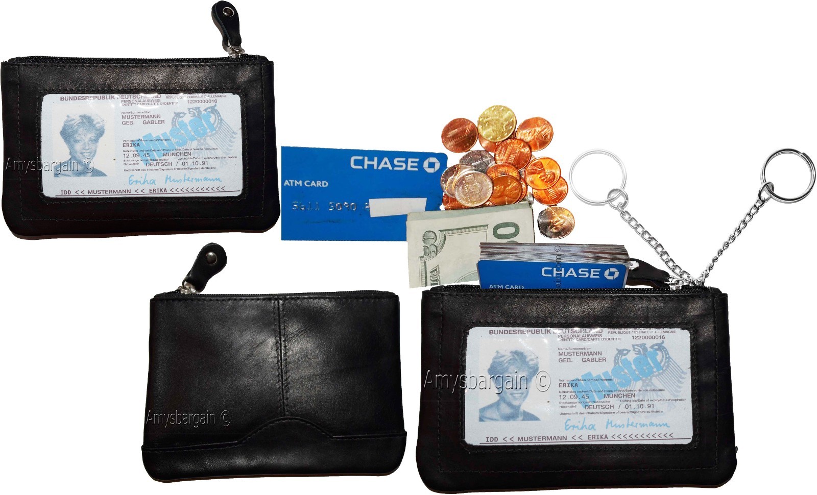 Women's black leather change purse ID window key ring wrist-let new coin case