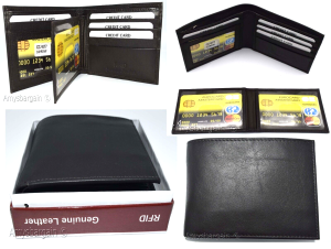 men's RFID brown wallet bifold genuine leather protect IDs credit cards in box.