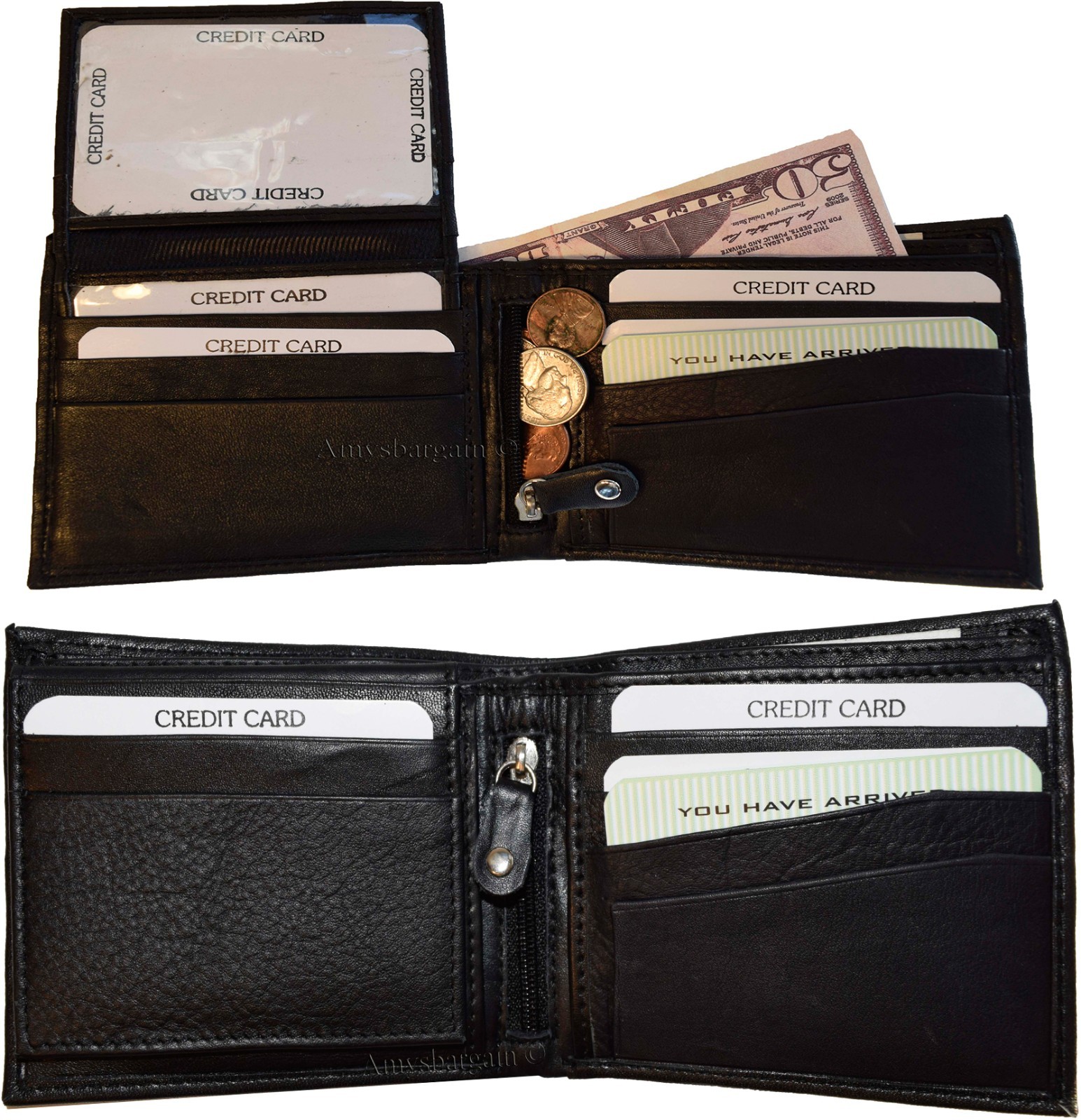 Lot of 2 Men's Bifold Leather wallet 3 bill slots 10 card spaces Zip coin case