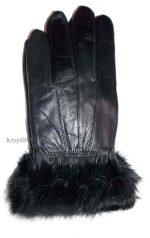 New size (XXL) women's fur trimmed leather gloves, black warm winter gloves.