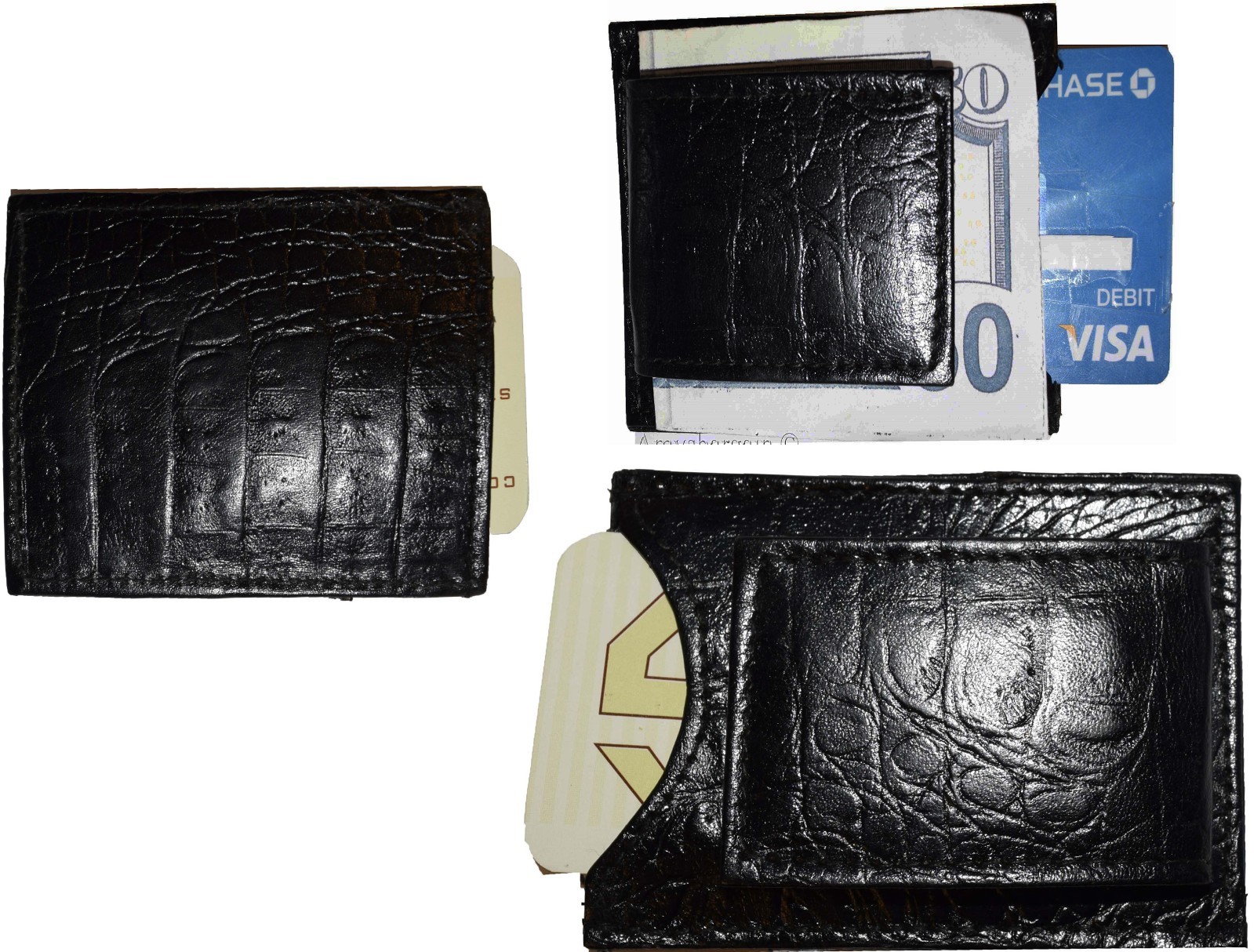 Lot of 6 Crocodile skin printed leather money clip Black Bifold Billfold. BR New - Image 13