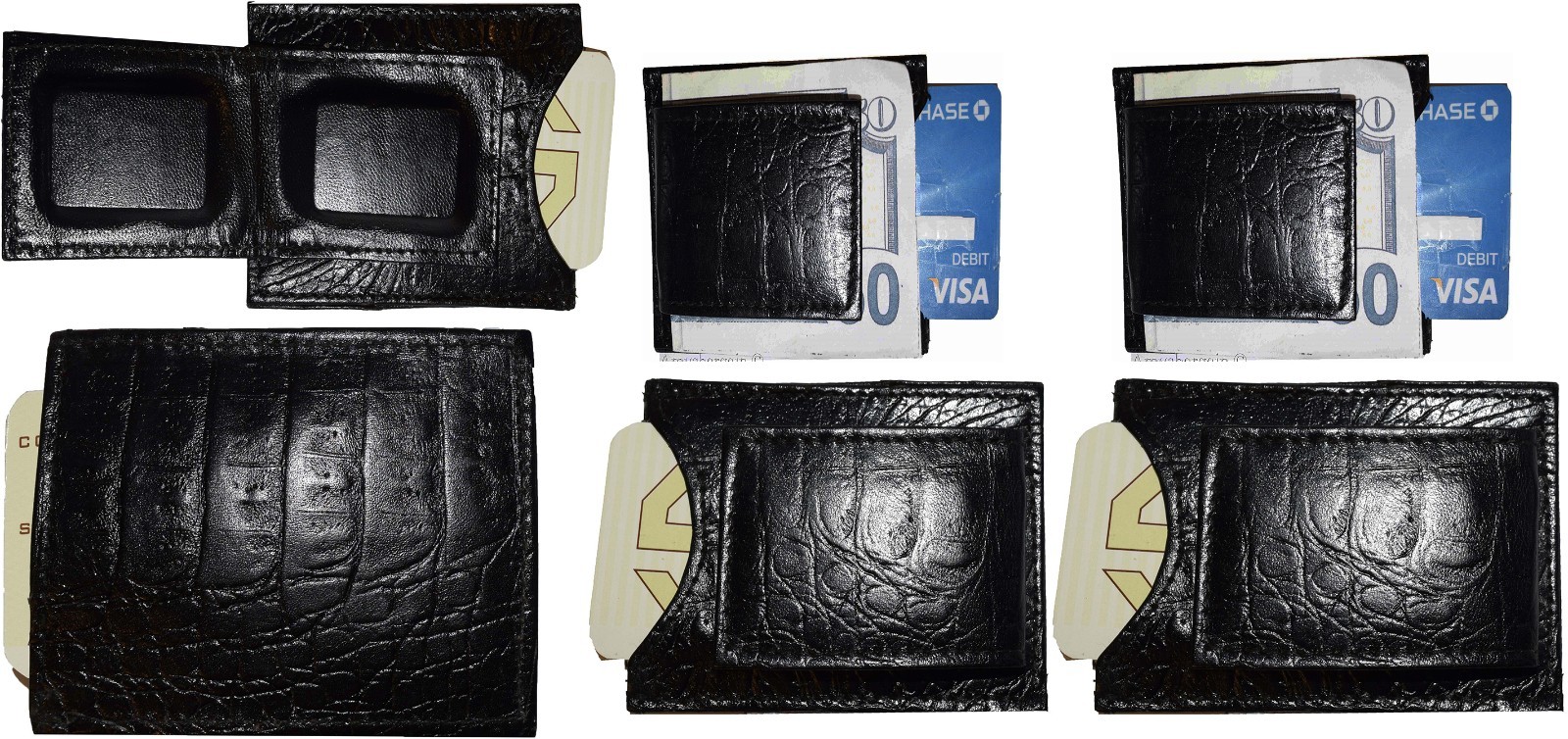 Lot of 6 Crocodile skin printed leather money clip Black Bifold Billfold. BR New