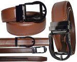 men's brown belt 43" genuine leather dress casual automatic transparant buckle