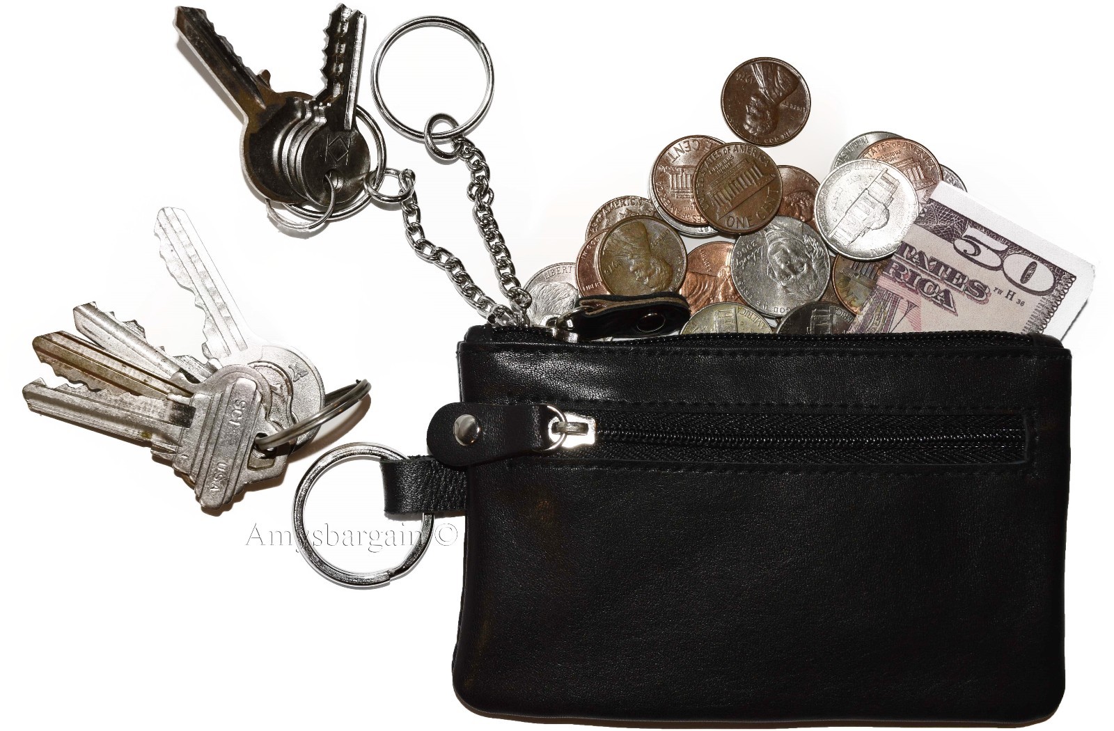 Leather change purse, Zip coin wallet, 2 pocket coin case w/ key rings Lot of 2, - Image 3
