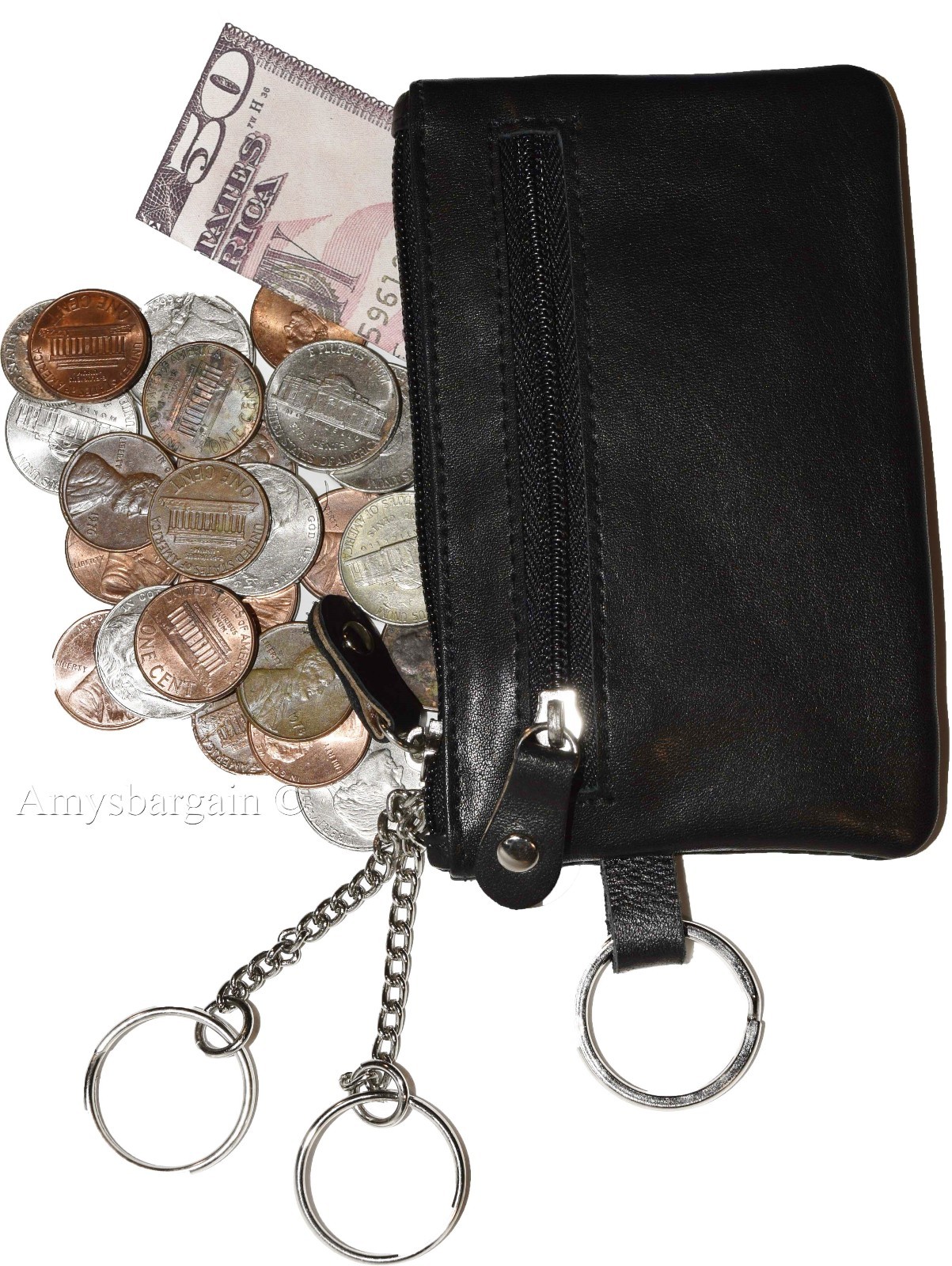 Leather change purse, Zip coin wallet, 2 pocket coin case w/ key rings Lot of 2, - Image 4