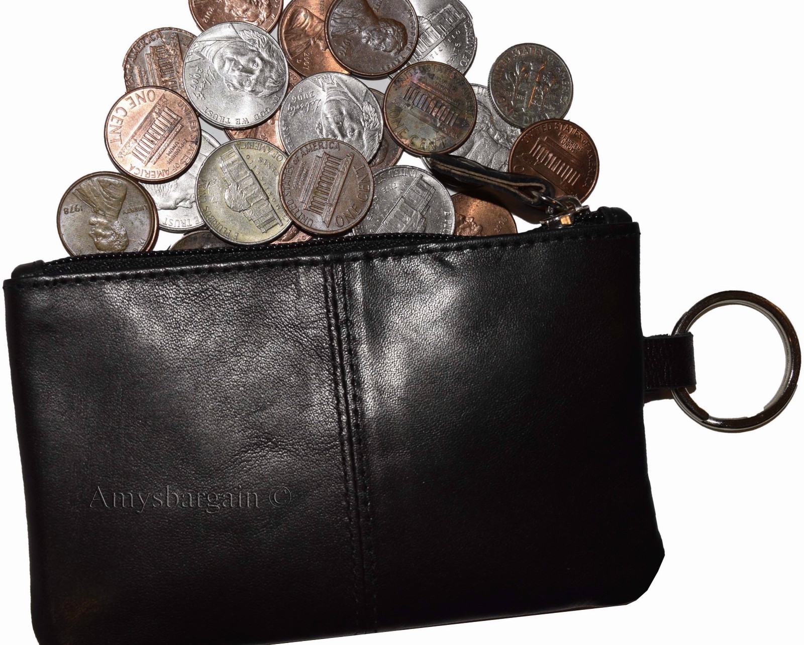 Leather change purse, Zip coin wallet, 2 pocket coin case w/ key rings Lot of 2, - Image 6