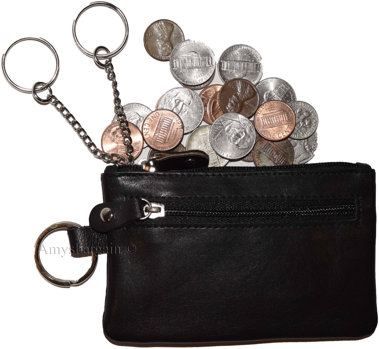 Leather change purse, Zip coin wallet, 2 pocket coin case w/ key rings Lot of 2, - Image 10