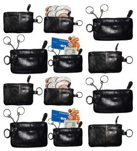 Lot of 12 Leather change purse,Black Zip coin wallet 2 pocket coin case key ring