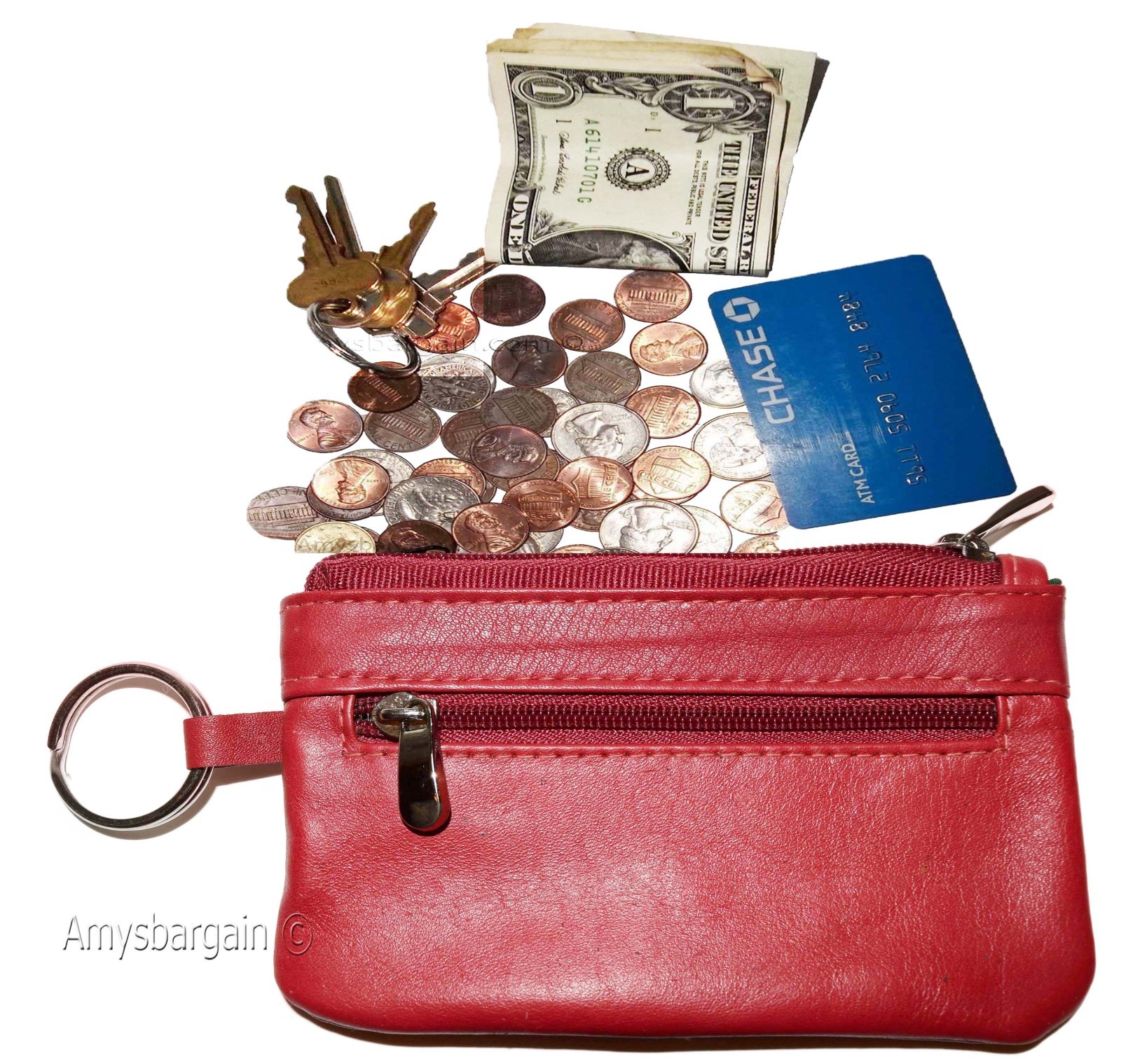 Lot of 2 Leather change purse, Zip coin wallet, 2 pocket coin case w/ key rings - Image 11