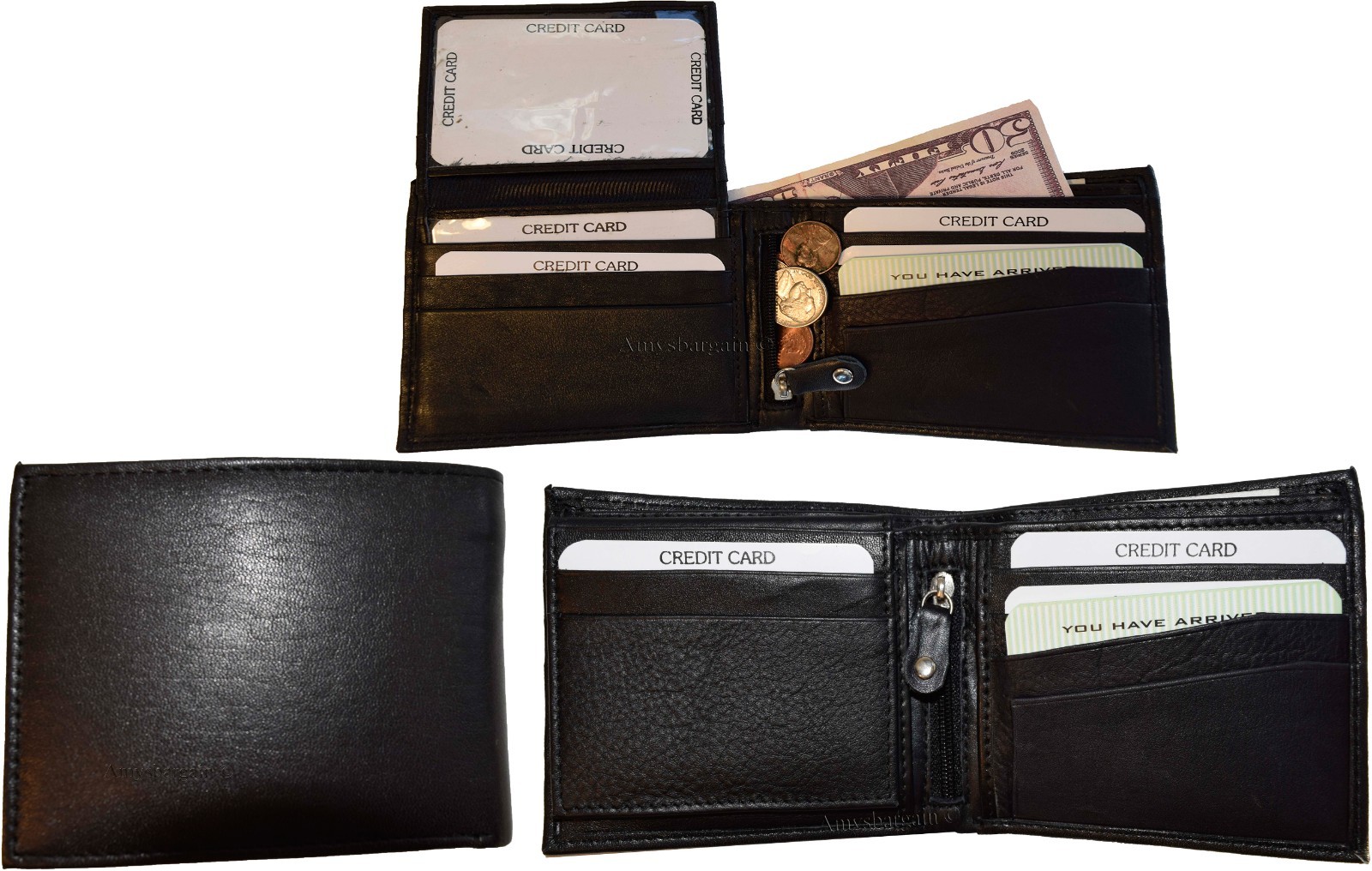 Lot of 3 Men's Bifold Leather wallet 3 bill slots 10 card spaces Zip coin case