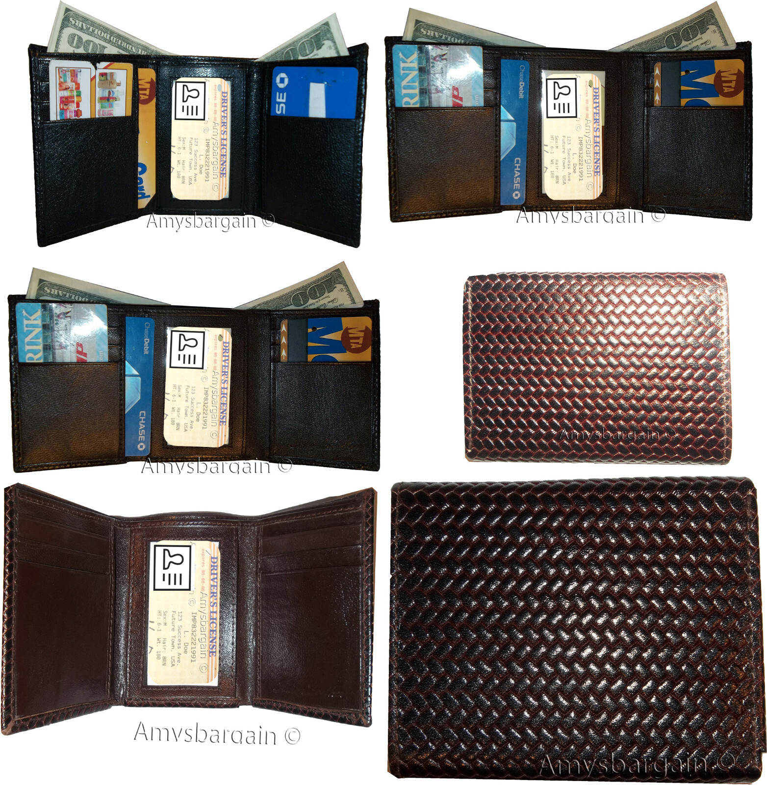 Lot of 4 Italian Style Woven Printed Leather Man's Brown Trifold walletI ID BNWT - Image 3