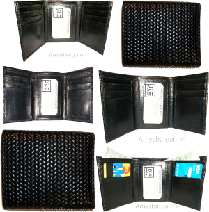 Lot of 6 Italian Style Woven Printed Leather Man's Black Trifold wallet ID BNWT.
