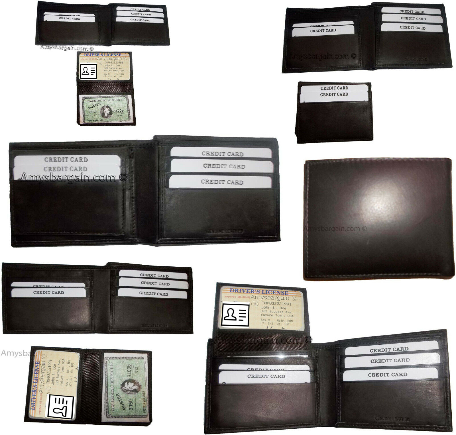 Lot of 6 New Men's Soft Leather Brown billfold Wallet 9 Credit ATM Card 2 ID NWT