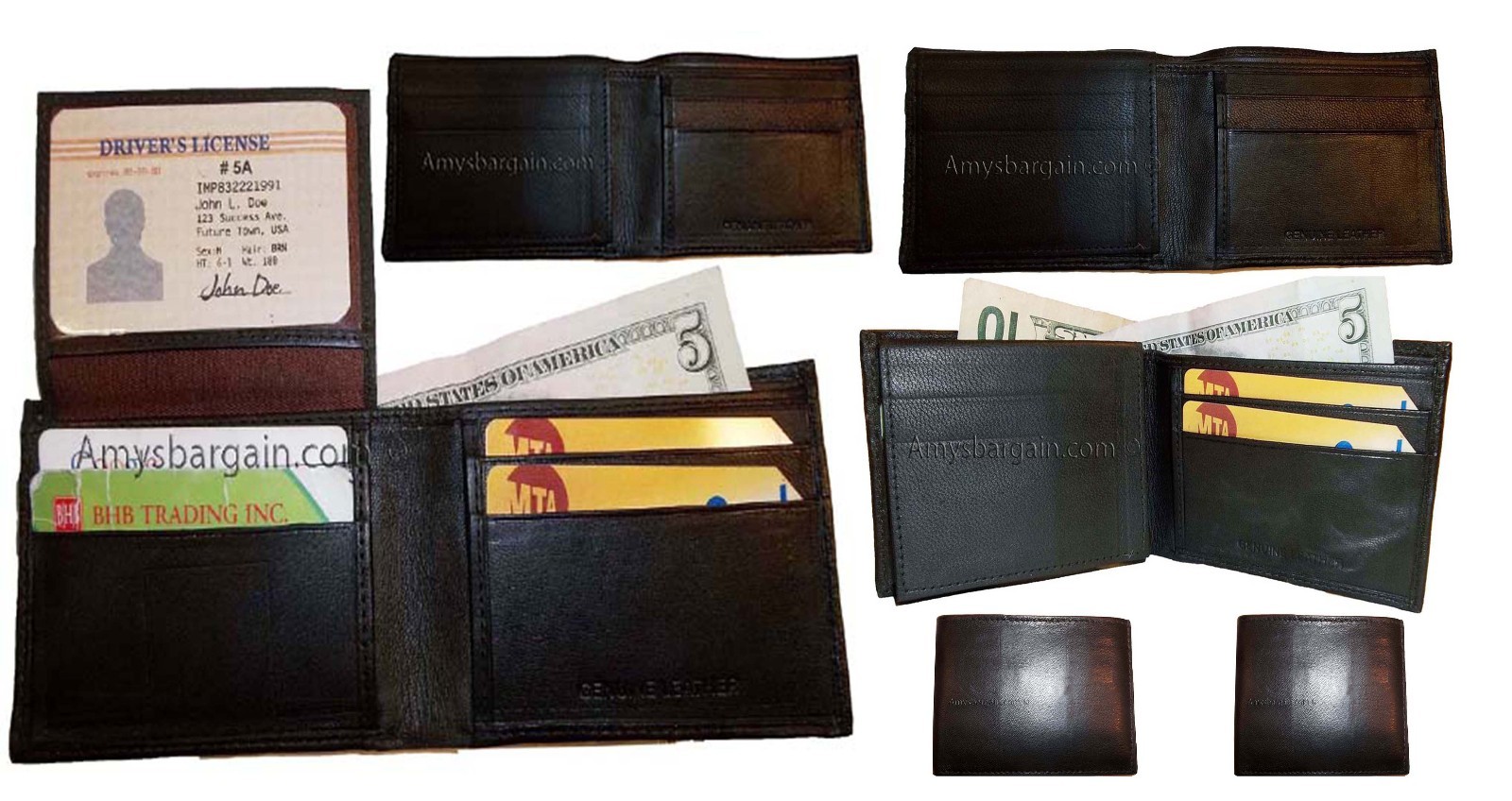 Lot of 6 New man's skinny leather Bi-fold wallet 6 bank card holder 2 bill slots