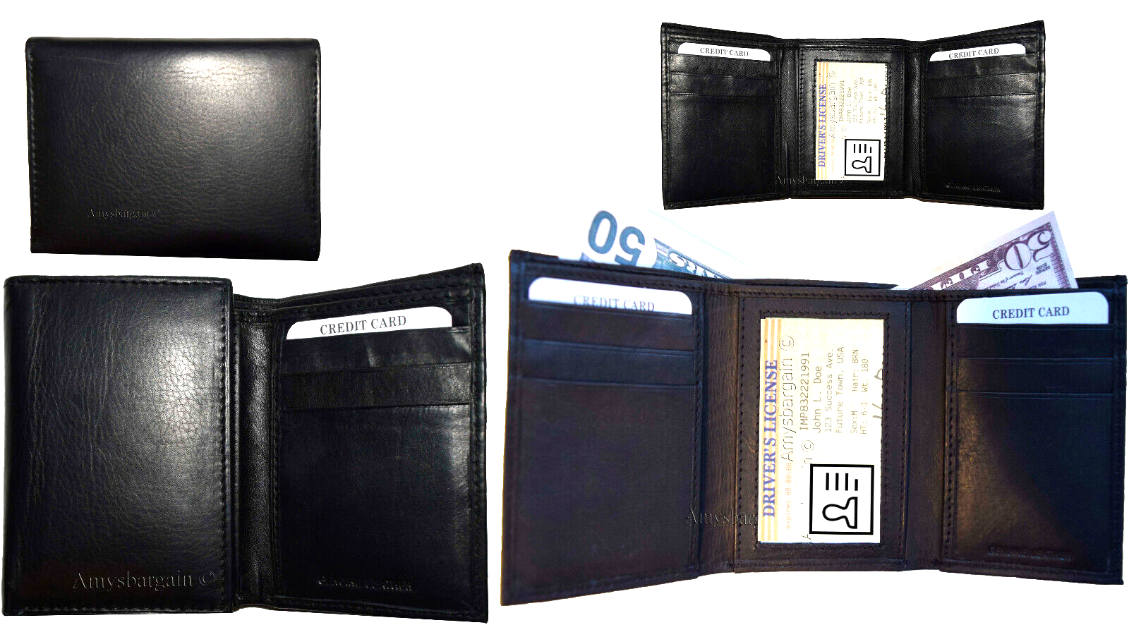 Lot of 6 new men's black leather trifold wallet 6 credit cards 2 bill slots - Image 3