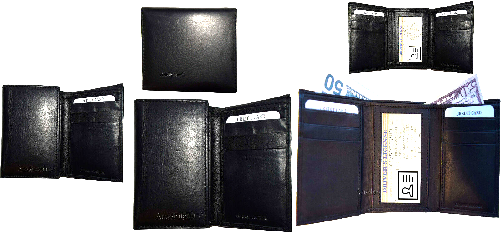Lot of 6 new men's black leather trifold wallet 6 credit cards 2 bill slots - Image 4