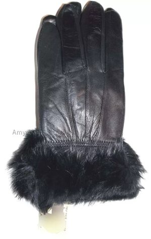 Women's Fur Trimmed leather gloves, Black, Brown Warm Winter Gloves dress gloves - Image 12