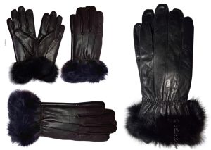 Women's Fur Trimmed leather gloves, Black, Brown Warm Winter Gloves dress gloves