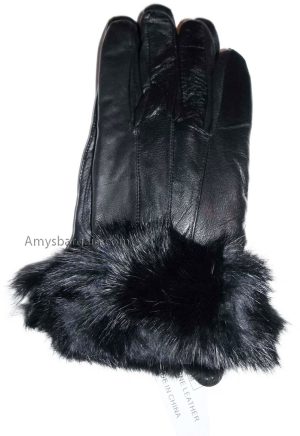 Women's Fur Trimmed leather gloves, Black, Brown Warm Winter Gloves dress gloves - Image 6