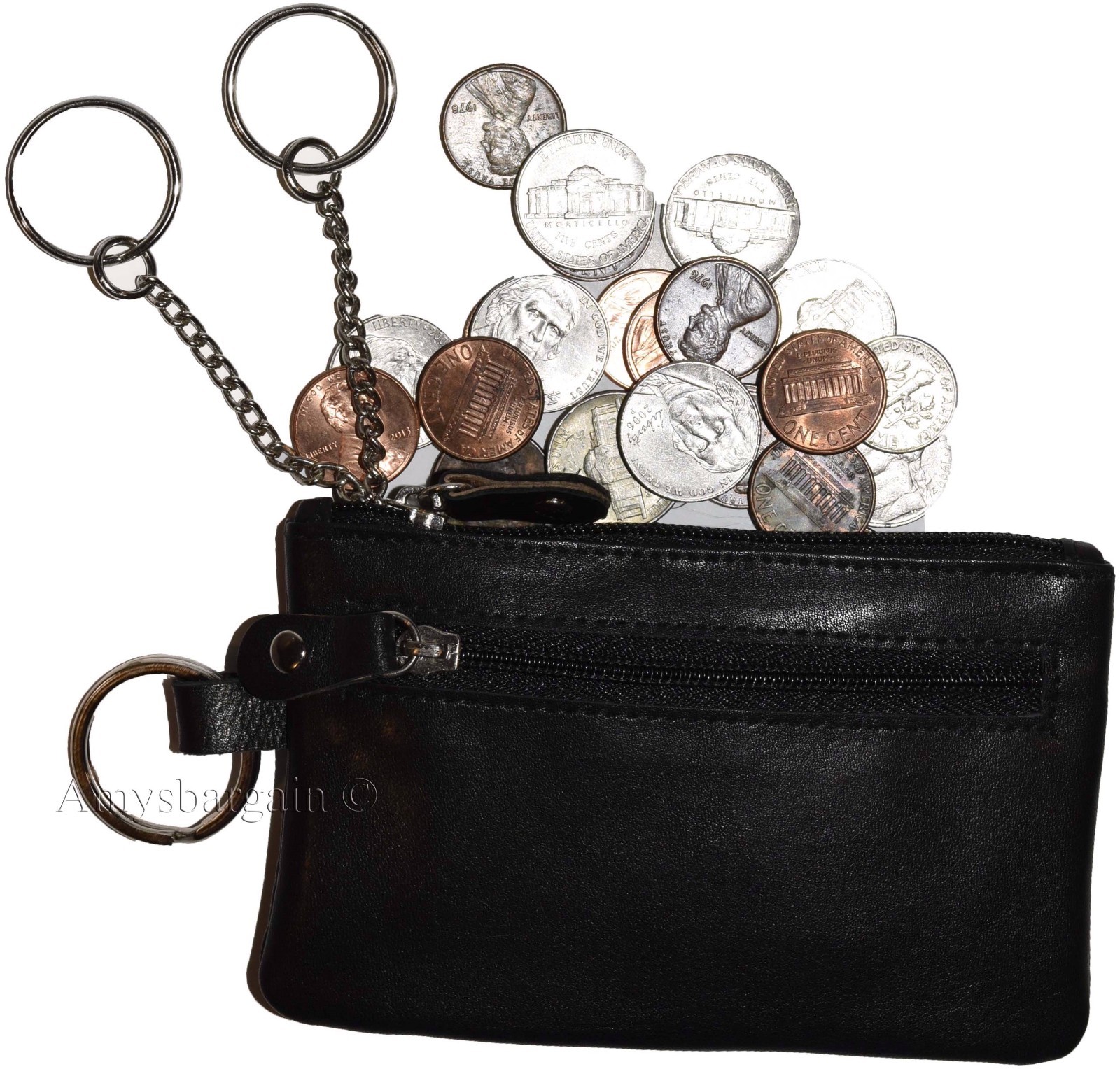 lot of 3 leather change purse zip coin wallet 2 pocket coin case w/ key rings - Image 11