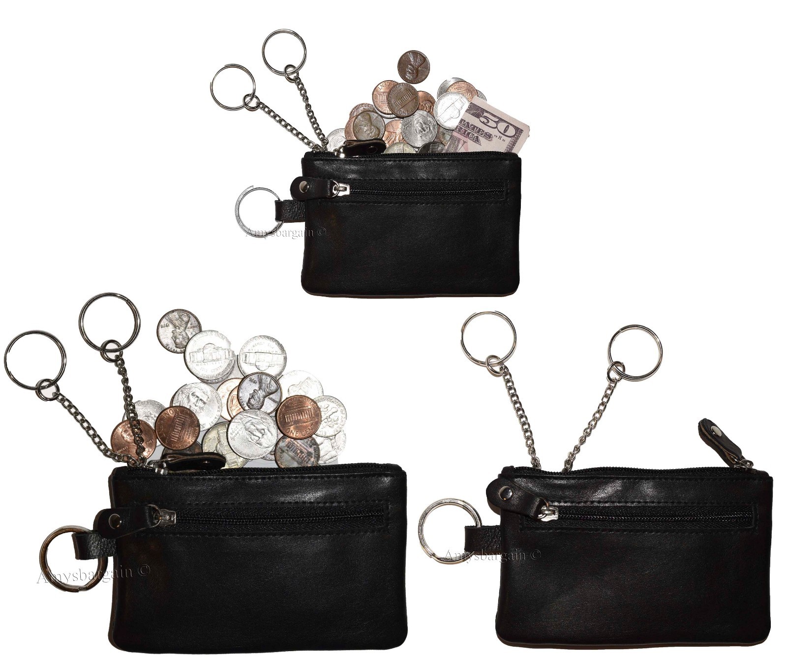 lot of 3 leather change purse zip coin wallet 2 pocket coin case w/ key rings