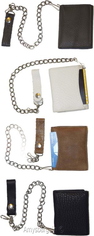 men's genuine leather trifold chain wallet motorcycle trucker biker Black wallet - Image 5