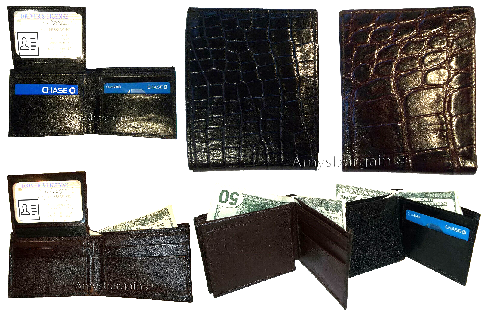 Lot of 2 New Crocodile Skin Printed Leather man's bi fold wallet 6 cards ID # 5.