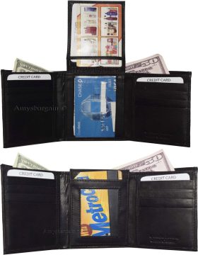 Lot of 2 New Men's Trifold Leather Wallet 3 ID center piece Black 2 bill slots