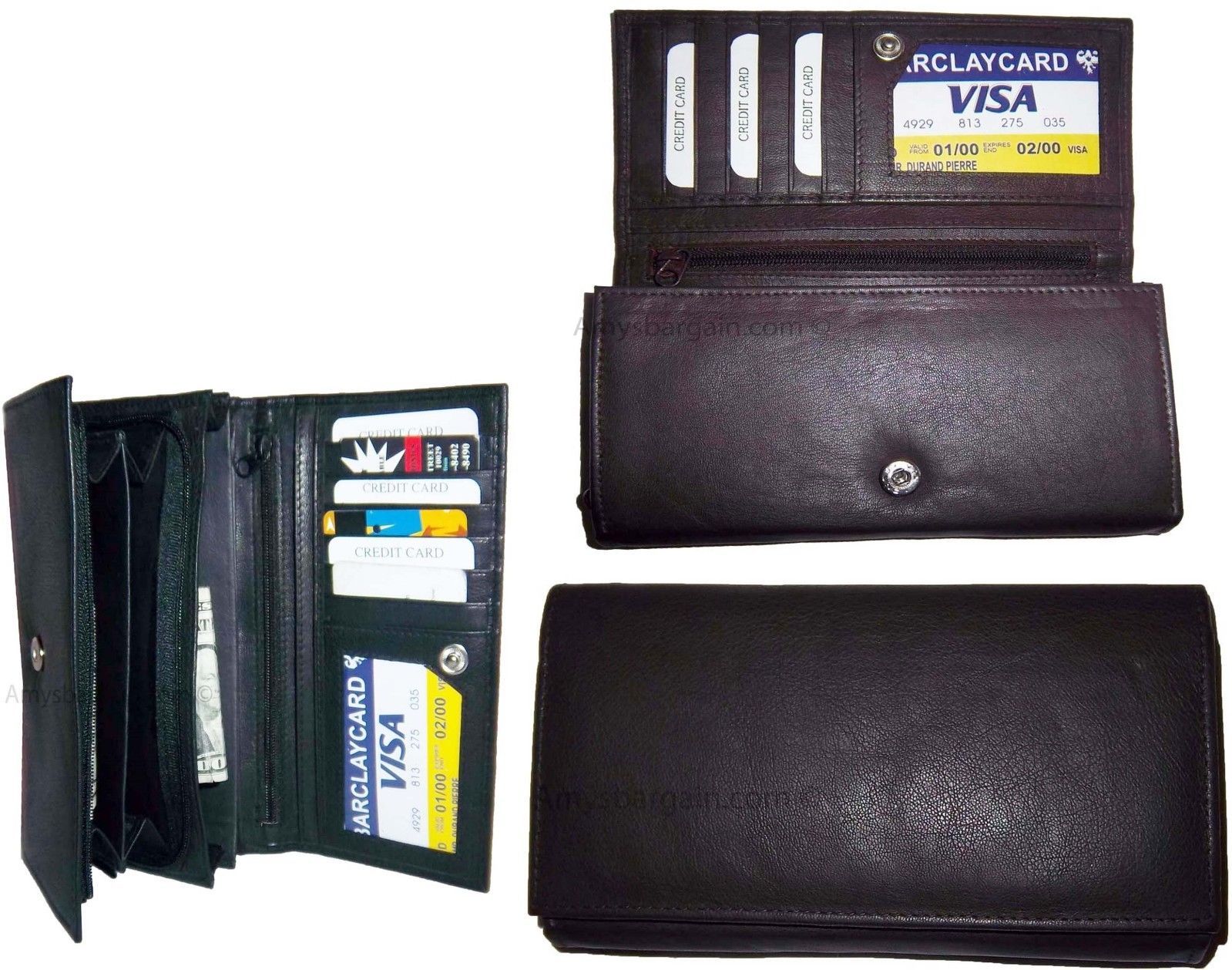 Lot of 3 Woman's Leather checkbook wallet 6 Credit card ID 7 Bill pockets BR New