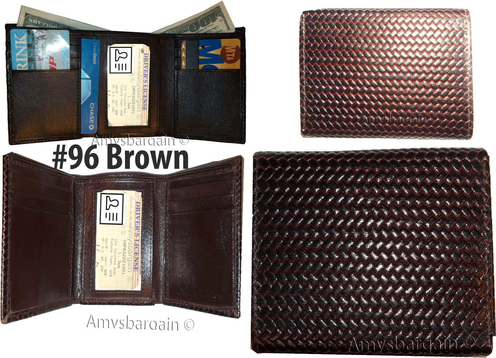 Lot of 4 Italian Style Woven Printed Leather Man's Brown Trifold walletI ID BNWT - Image 3