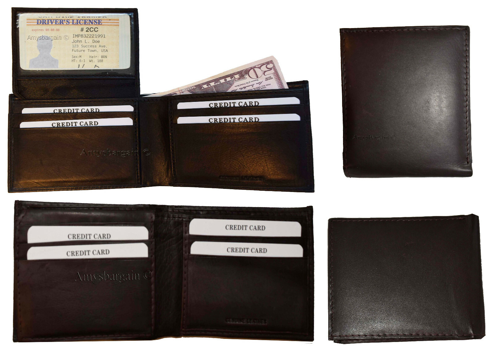 Lot of 4 Men's Brown Bifold Calfskin leather 2 Bill slot 7 card 1 ID Window new