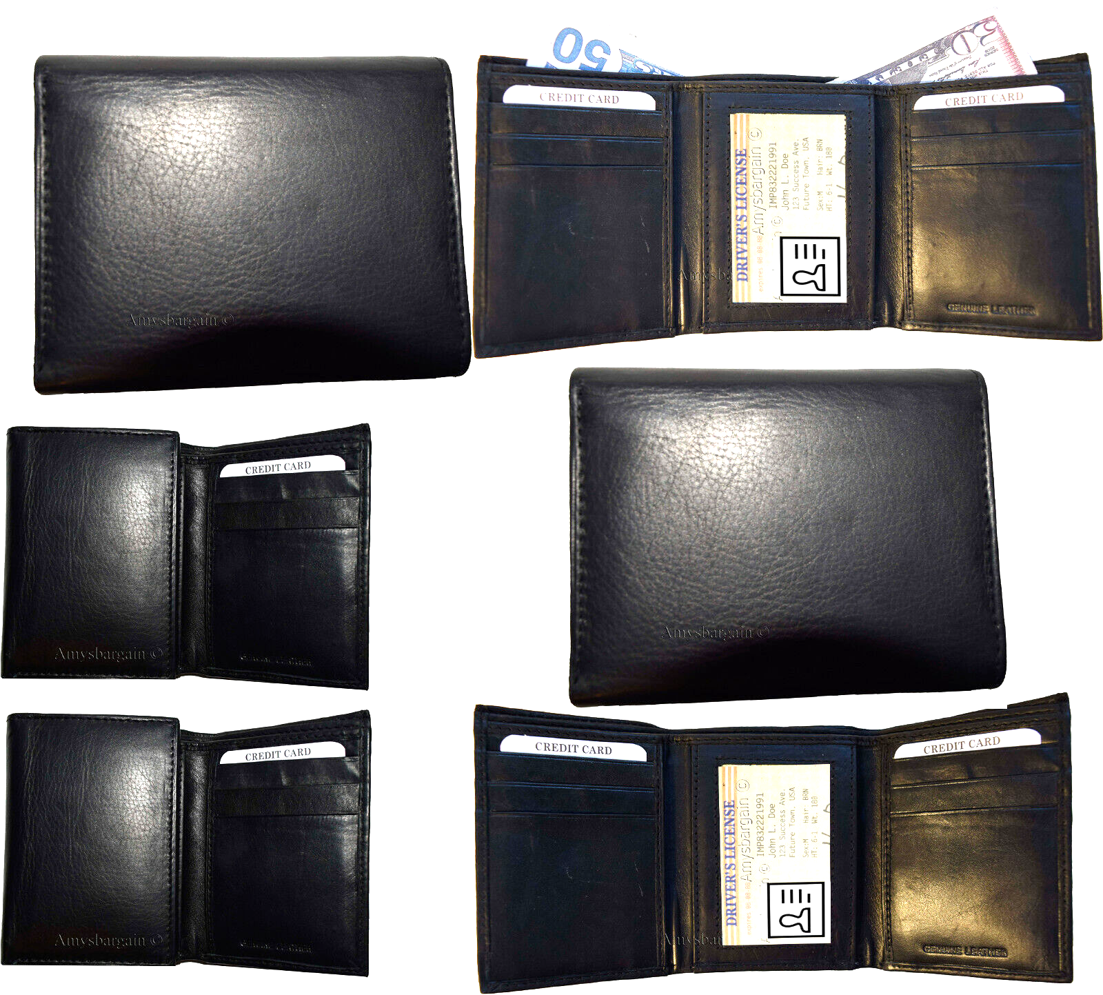Lot of 4 New Men's black leather trifold wallet 1 ID window 6 card 2 bill slots - Image 4