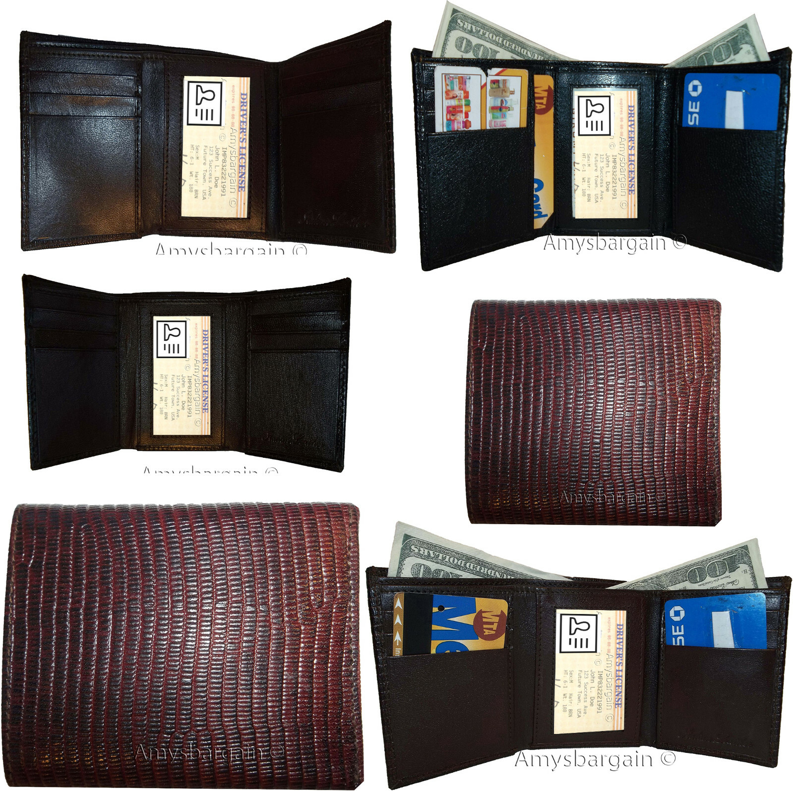 Lot of 6 Italian Style Lizard skin Printed Leather Man's Brown Trifold wallet BN