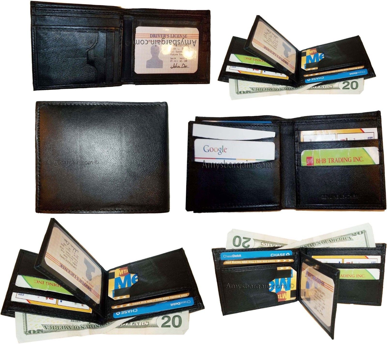 Lot of 6 Man's Wallet leather Black Bi fold wallet 12 credit cards 2 bill slots
