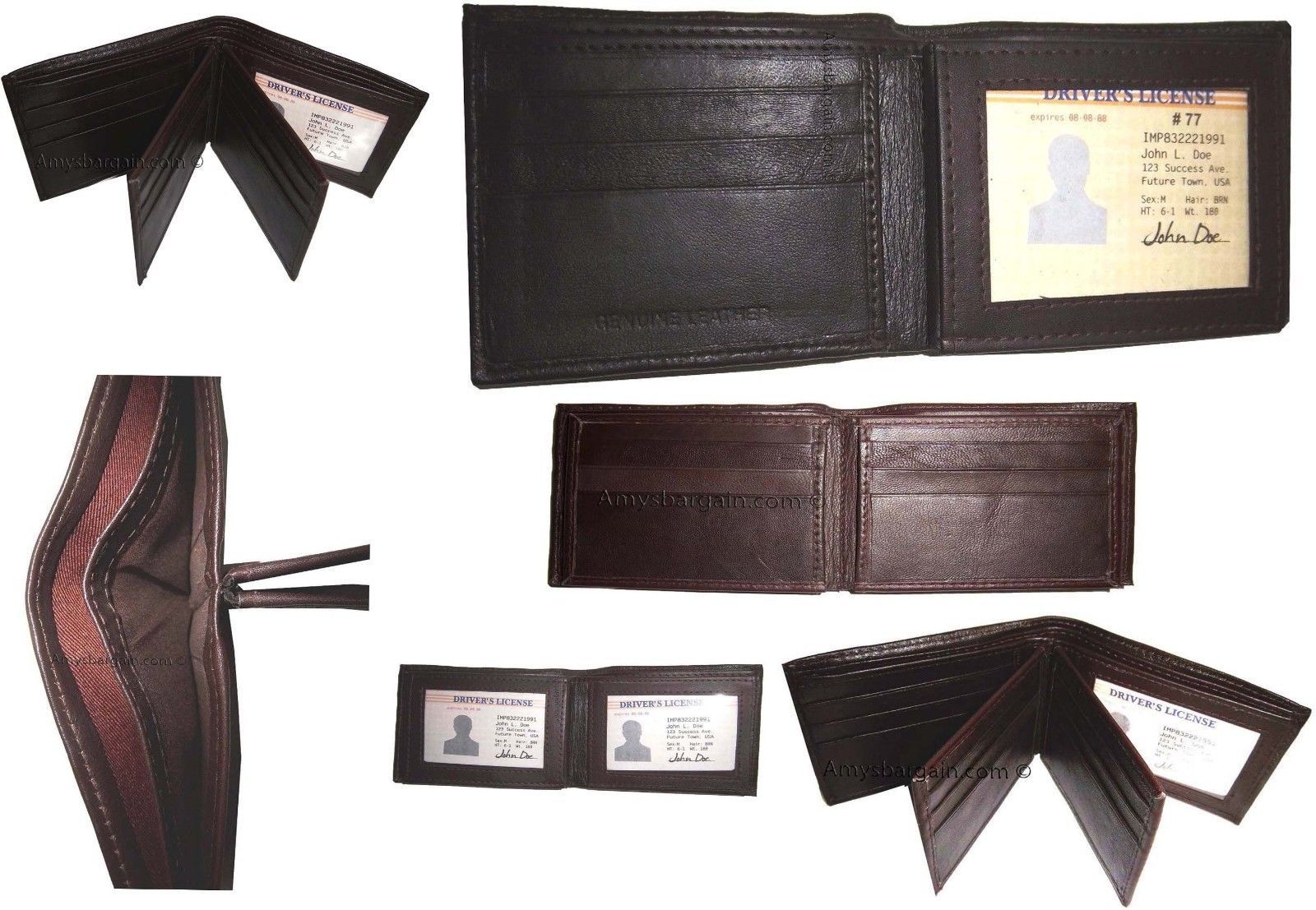 Lot of 6 Men's Leather Wallet 9 Card Holder 3 ID windows Billfold new wallet
