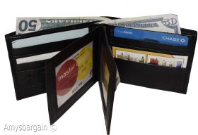 Men's Bifold Black wallet genuine Leather 12 credit card 3 ID 2 Bill pockets