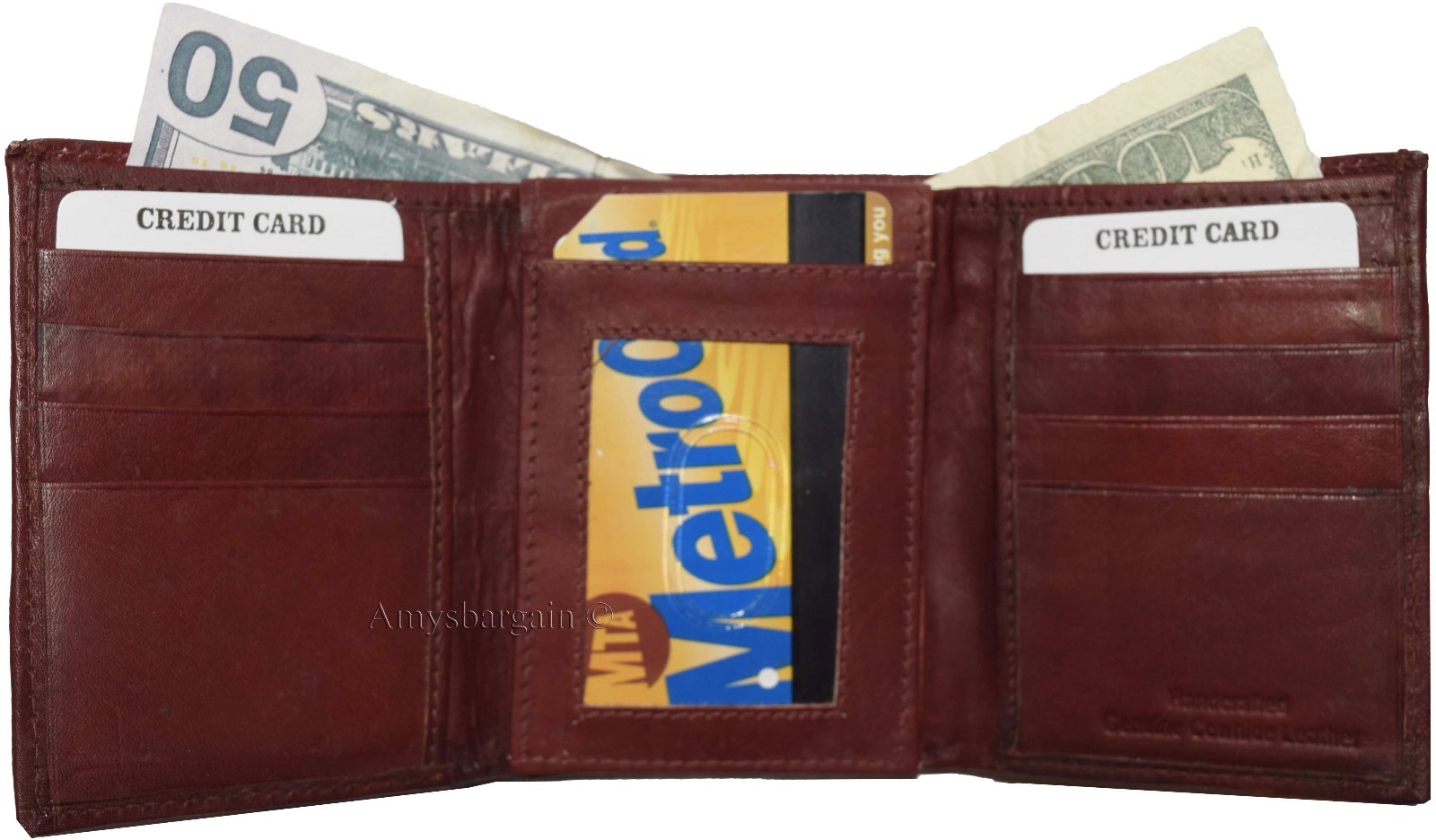 Men's Trifold Leather Wallet center piece 1 ID window 9 card 2 bill slots - Image 6