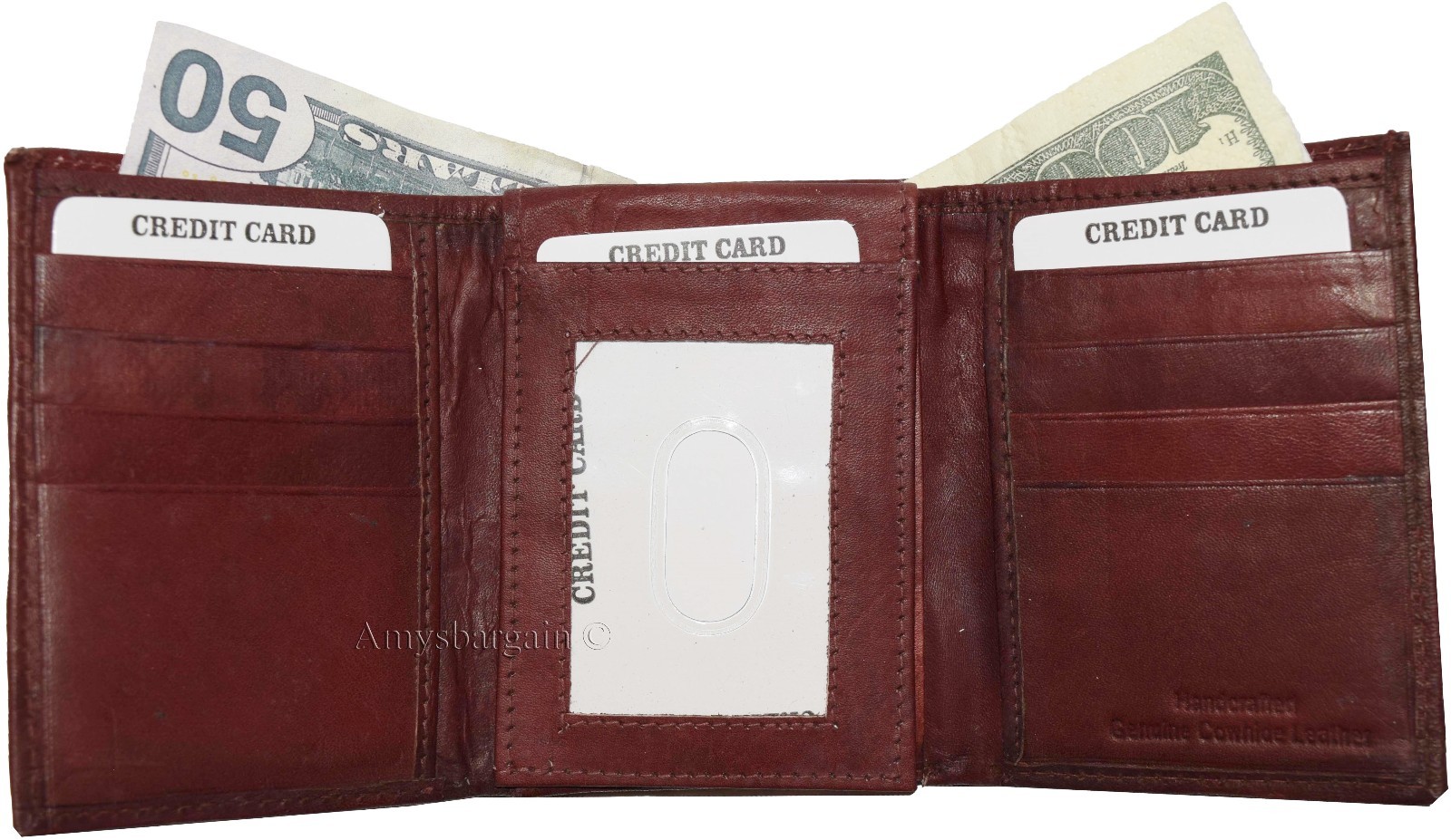 Men's Trifold Leather Wallet center piece 1 ID window 9 card 2 bill slots - Image 7