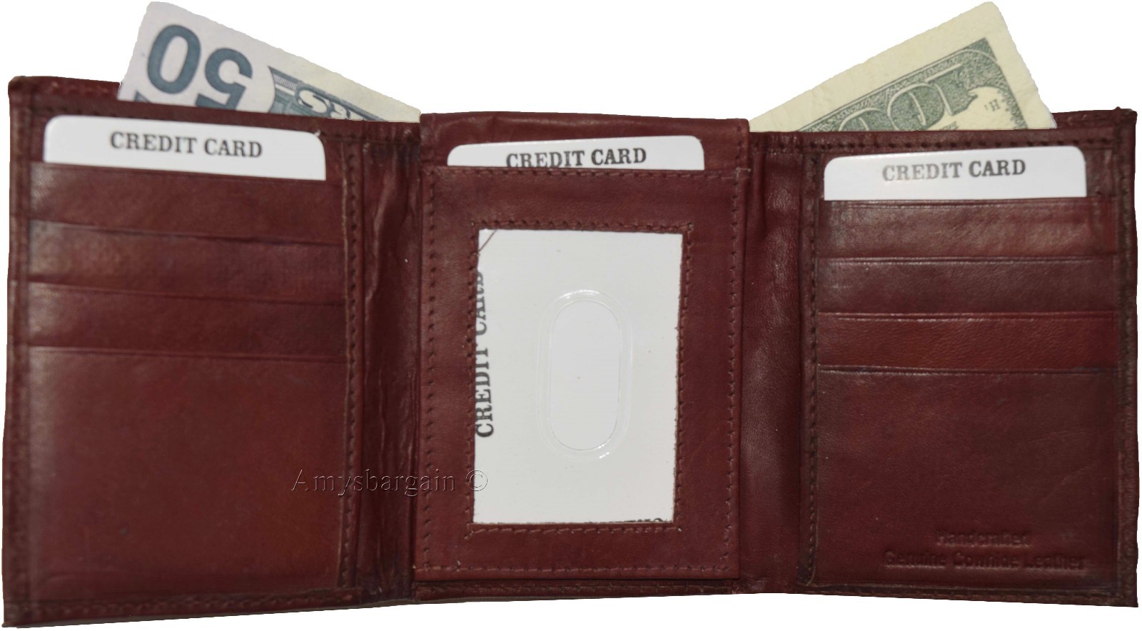 Men's Trifold Leather Wallet center piece 1 ID window 9 card 2 bill slots - Image 8