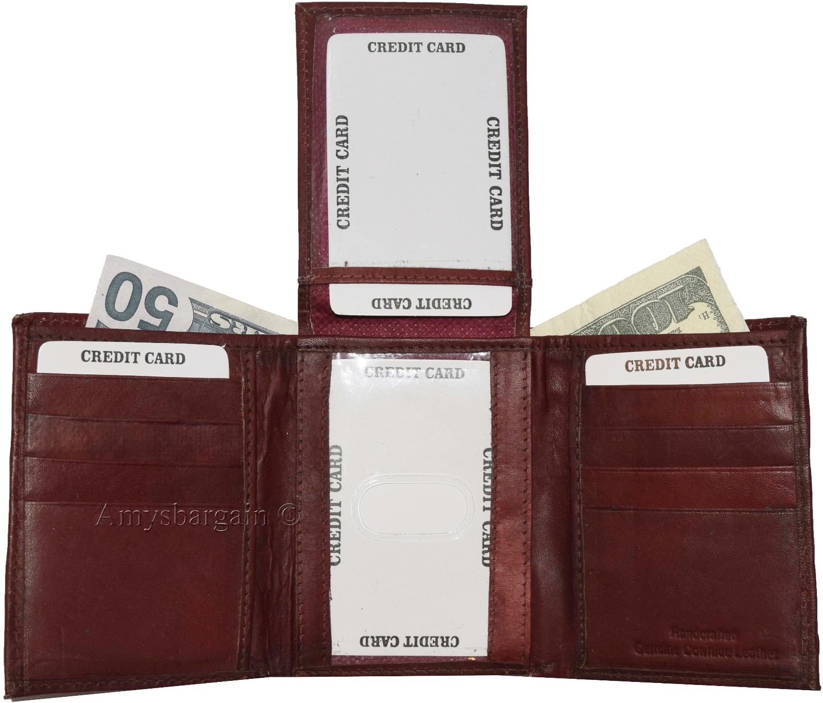 Men's Trifold Leather Wallet center piece 1 ID window 9 card 2 bill slots - Image 9